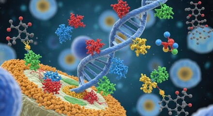 A DNA strand with molecular structures and proteins attached to it, set against a blue and yellow background with a blurred, starry sky.