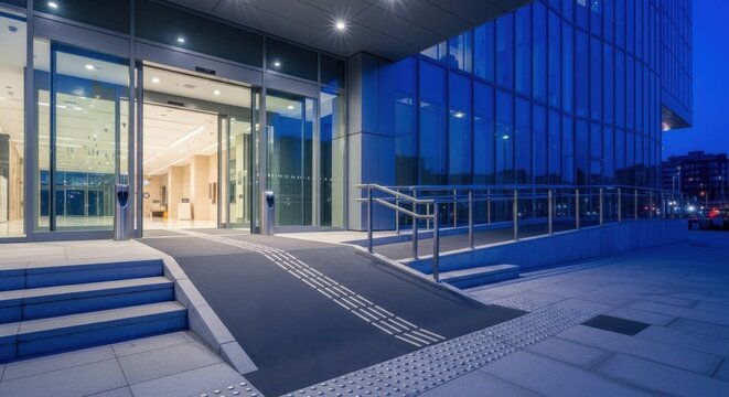 Entrance to a modern office building with an accessible wheelchair ramp and automatic glass doors, illuminated at dusk for contemporary corporate concepts.