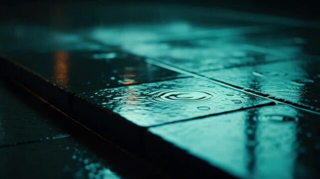 Raindrops falling on a wet tiled pavement at night. Moody cinematic scene with teal lighting and reflections for an atmospheric background or title sequence