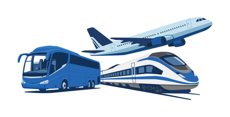 Collection of modern public transport: bus, airplane, and high-speed train.