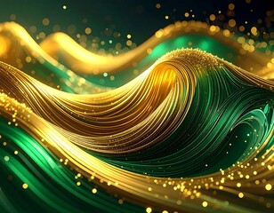 Abstract golden and green wavy lines with bokeh sparkles, creating an elegant and dynamic visual effect