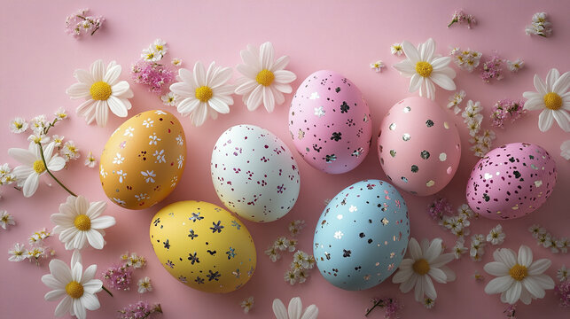 Stylishly painted Easter eggs in bright pastel colors with floral patterns scattered on soft pink background surrounded by white and pink daisy flowers creating cheerful spring vibe - Powered by Adobe