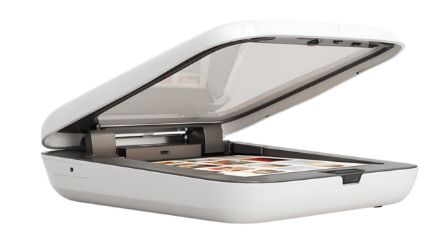 White scanner isolated on transparent background for document and photo digitization