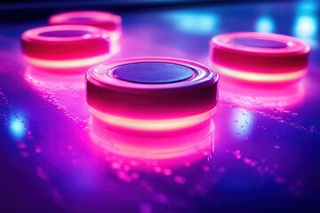 Three glowing neon pink circular pucks on a glossy wet game table with soft purple highlights and reflections, creating a vibrant futuristic playful mood