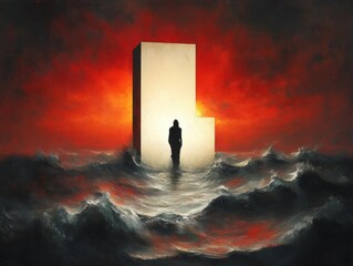 Solitary silhouetted figure standing before a glowing rectangular monolith amid stormy ocean waves beneath a fiery red sky, evoking isolation, mystery, and foreboding