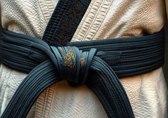 close-up of a tied black martial arts belt with gold embroidery on a white textured training uniform, evoking discipline and focused determination