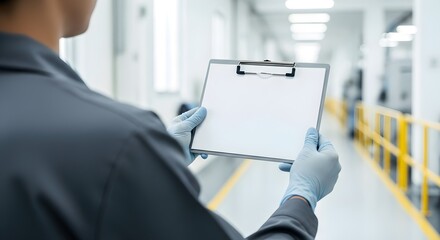 Engineer or Technician Holding Blank Clipboard in a Clean Factory Environment
