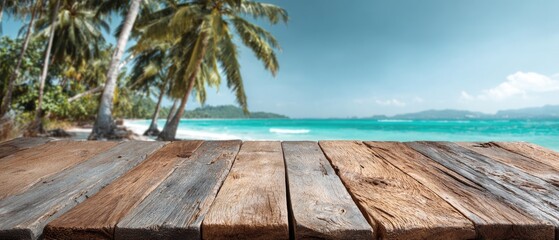 Tropical Beach Paradise: Wooden Pier Overlooking Blue Ocean and Palm Trees Under Sunny Skies