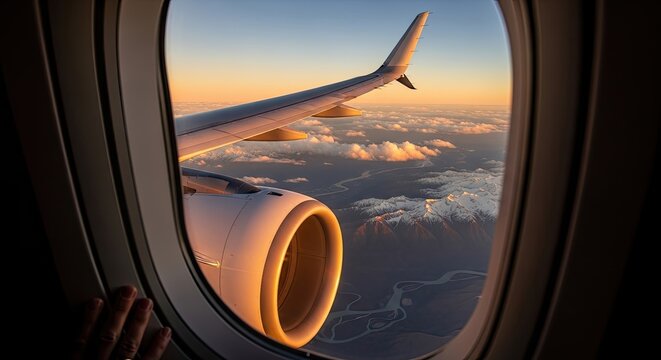 A view from an airplane window, showing a wing and engine, with a view of the sky and clouds below. - Powered by Adobe