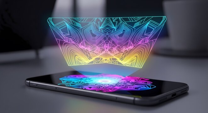 Holographic tech display showcasing vibrant colors on smartphone screen