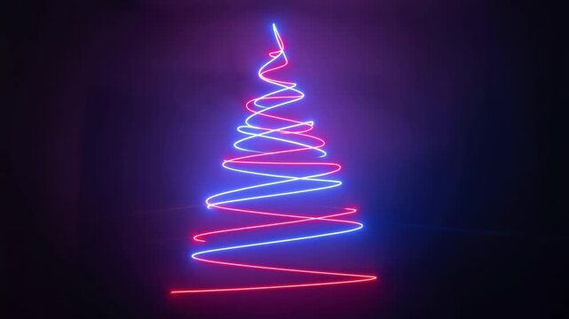 Futuristic christmas tree made of glowing neon lines in a digital animation sequence. Modern holiday concept with blue and pink light trails forming a minimalist spiral shape