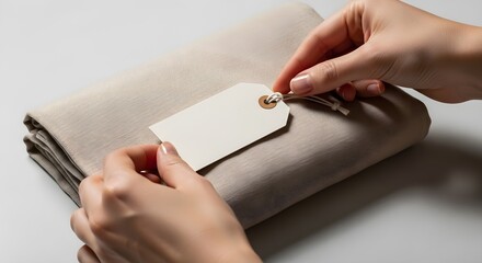 Hands present fabric with blank tag close up studio shot