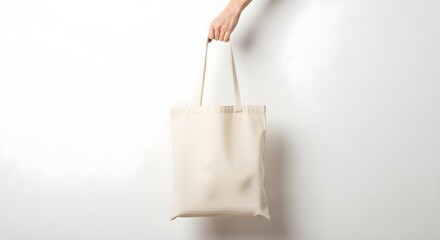 Hand holding blank tote bag on white background Mockup