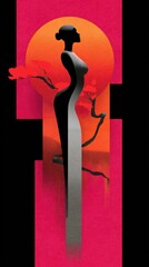 Elegant Silhouette of a Woman in Abstract Art with Vibrant Red and Orange Sunset Backdrop