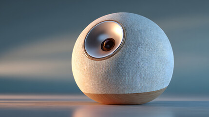 Modern spherical Bluetooth speaker with fabric texture and wooden base sits on smooth surface, illuminated by soft lighting. design is sleek and contemporary