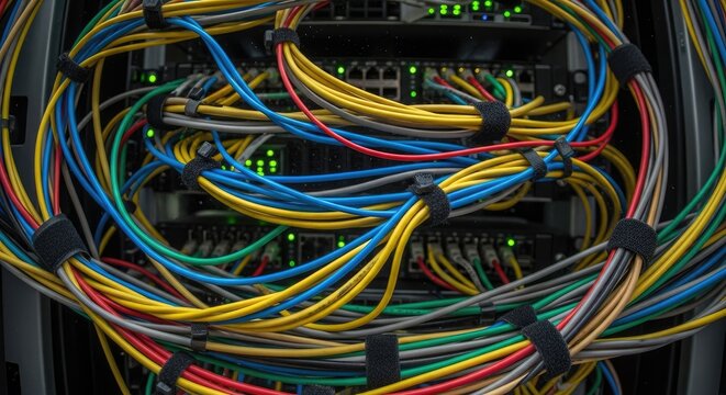 A network server with colorful cables and switches.