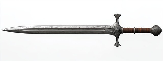 ornate medieval-style longsword with double-edged steel blade, central fuller, decorative crossguard, leather-wrapped grip and engraved pommel on white background, stoic elegance