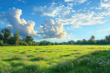 Sunlit green meadow with wildflowers, distant tree line and dramatic fluffy clouds across a bright blue sky, evoking peaceful summer calm
