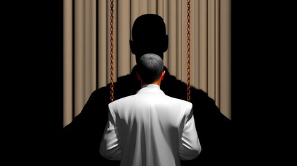 Man in White Suit Faces Shadowy Presence Behind Curtains