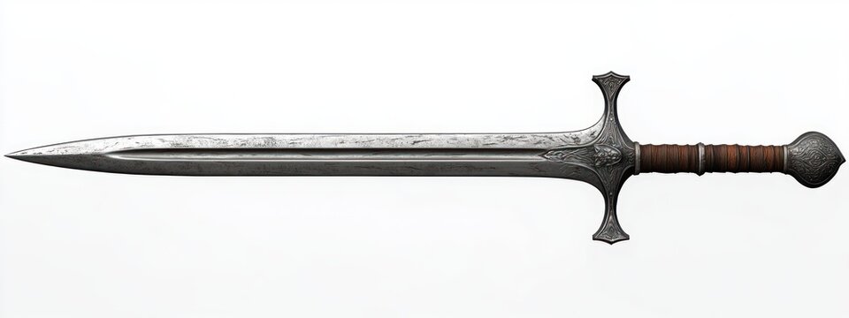 ornate medieval-style longsword with double-edged steel blade, central fuller, decorative crossguard, leather-wrapped grip and engraved pommel on white background, stoic elegance