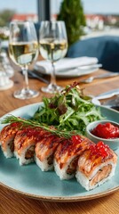 Delicious Salmon Sushi with Fresh Salad and Wine in Elegant Restaurant Setting