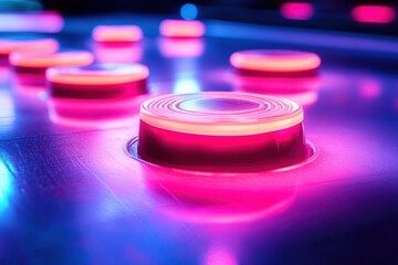 Close-up of glowing round arcade buttons on a glossy control panel bathed in neon pink and blue light, conveying playful futuristic energy