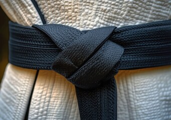 Close-up of a tightly tied black martial arts belt knotted over a textured white training uniform, evoking discipline, focus, and quiet pride