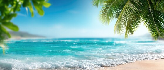 Tranquil Tropical Beach with Crystal Waters and Lush Palm Trees Under Clear Blue Sky