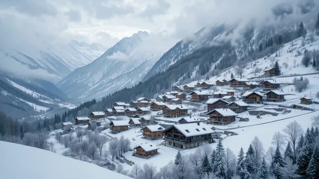 Snowy winter landscape in the Swiss and Austrian Alps, offering a panoramic view of glacier peaks, mountain lakes, and a bright sky