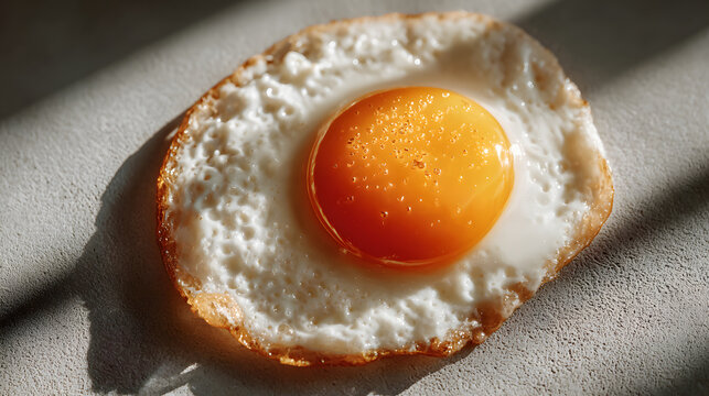 Perfectly cooked sunny side up fried egg with bright yellow yolk and crispy edges sits on textured surface, illuminated by soft natural light - Powered by Adobe