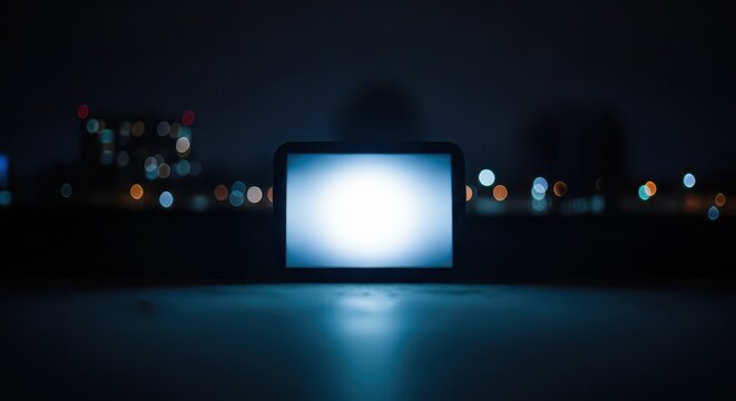 Illuminated small display device rests on a surface overlooking a blurred nighttime cityscape