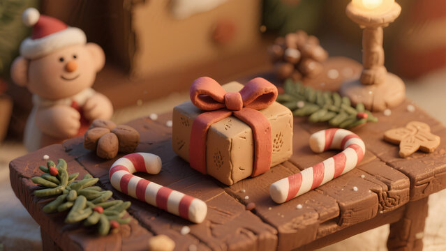 Christmas decoration with gingerbread cookies, candy canes and Santa Claus