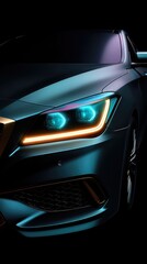 Close-Up of a Luxury Car Headlight with Dramatic Lighting and Sleek Design