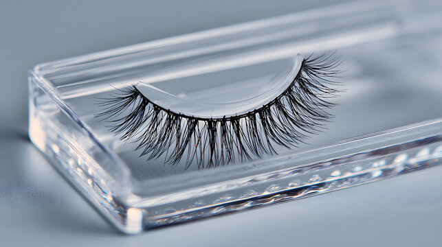 Pair of false eyelashes rests elegantly in clear plastic packaging, showcasing their voluminous and dramatic style. clean and minimalistic design highlights cosmetic product appeal
