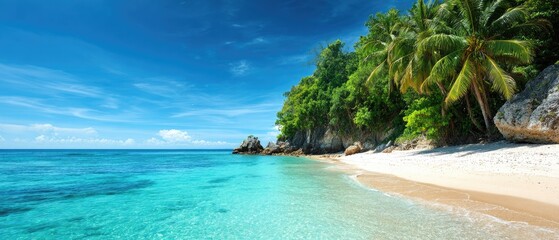 Tropical Paradise Beach with Turquoise Waters and Lush Palm Trees Under a Clear Blue Sky