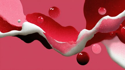 Abstract Red and White Liquid Texture with Glossy Bubbles on Pink Background