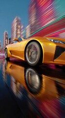 Yellow Sports Car on Wet Street with Neon City Reflections at Night