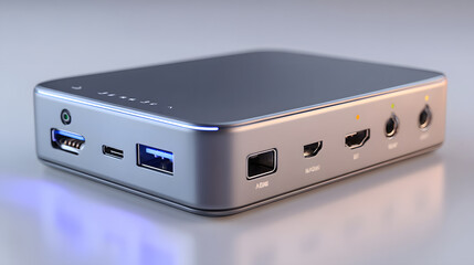 Sleek, modern docking station with multiple ports including USB, HDMI, and audio jacks, designed for efficient connectivity and versatility. metallic finish adds touch of elegance