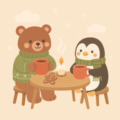 Cozy Winter Friends Sharing Hot Cocoa