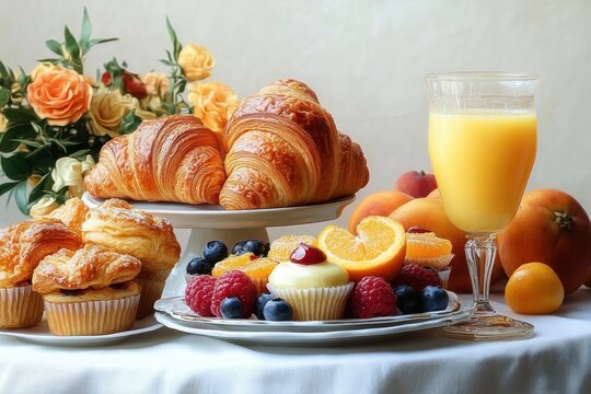 Inviting elegant breakfast table with golden croissants, flaky pastries and cupcakes, fresh raspberries and blueberries with orange slices, a glass of orange juice, ripe peaches and roses - Powered by Adobe