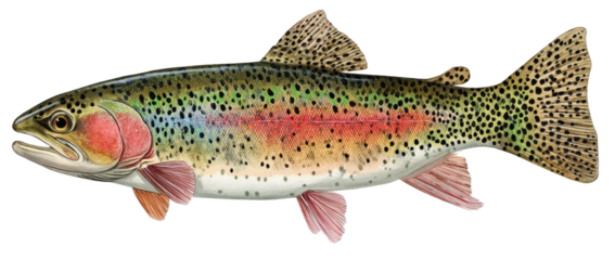 A detailed illustration of a trout with vibrant rainbow colors and black speckles