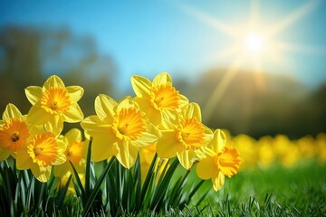 Fototapeta premium Cluster of bright yellow daffodil flowers blooming in a sunlit grassy field under a clear blue sky, radiating cheerful springtime warmth