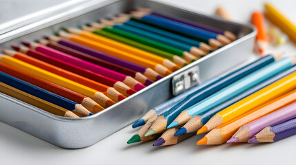Naklejka premium Colorful set of colored pencils in metal case, arranged neatly with some pencils scattered outside. vibrant colors and organized display evoke creativity and artistic inspiration
