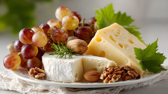 Delicious cheese platter featuring variety of cheeses, grapes, and nuts is beautifully arranged on plate, creating inviting and elegant presentation