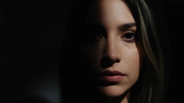 Dramatic triptych portrait of a serious young adult female emerging from darkness. Close up sequence showing her face illuminated by a single light source against a black background
