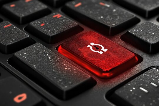 Close-up of black computer keyboard with illuminated red reset key showing circular arrows, textured speckled surface with droplets, dramatic urgent futuristic mood - Powered by Adobe
