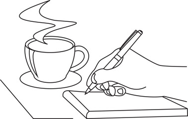 Person writing notes with pen beside coffee cup line art vector icon.
