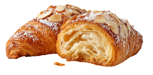 Flaky almond croissants dusted with powdered sugar and almonds
