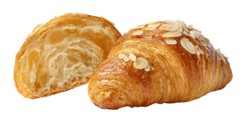 Golden, flaky almond croissant split, revealing soft, airy interior