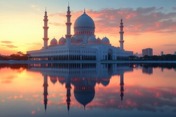 Fototapeta premium grand white mosque with a large central dome, multiple smaller domes and four tall minarets reflected in a calm lake at colorful sunset, serene and peaceful atmosphere